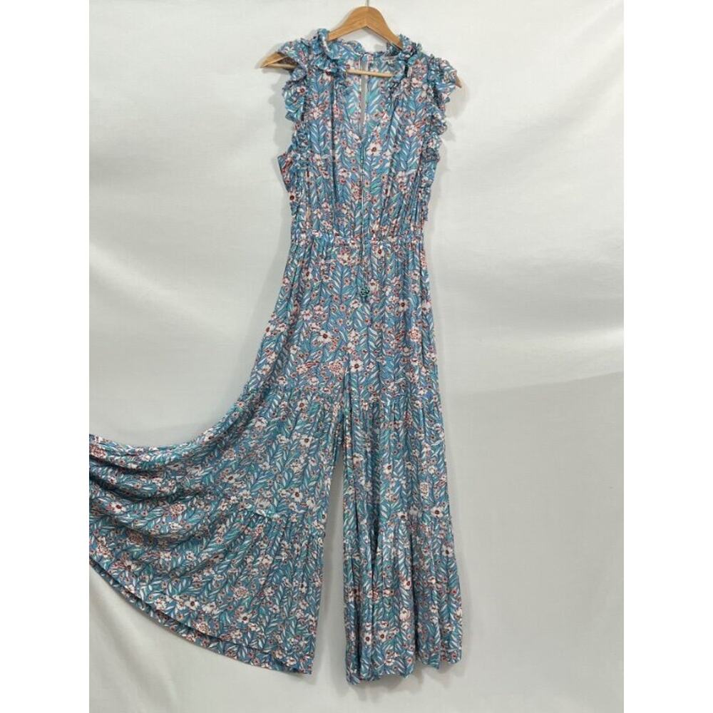 POUPETTE ST BARTH Sz M Medium Blue Red Floral Belene Wide Leg Tiered Jumpsuit
